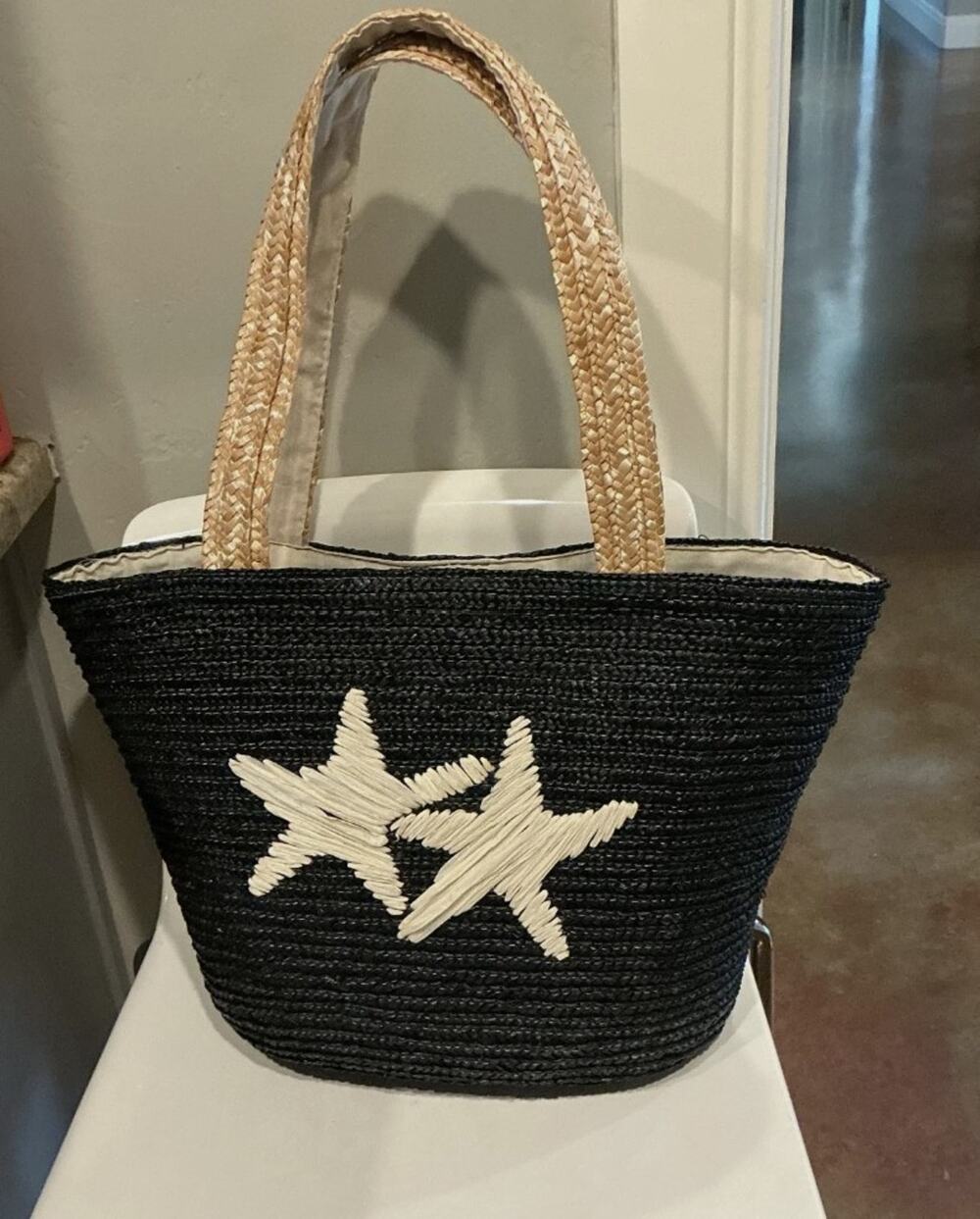 Vintage ⭐️ Worthington Y2K Black Straw Beach Bag Tote Starfish Boho Coastal ⚓